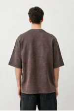 Yıkamalı Baskılı Oversize Tişört Kahve