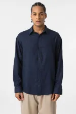 Basic Oversize Uzun Kollu Keten Gömlek Lacivert