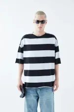 Digitally Printed Striped 100% Cotton Oversize T-Shirt Black