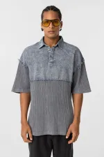 Yıkamalı Oversize Polo Yaka Tişört Gri