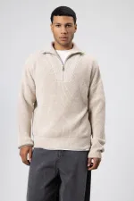 Yarım Fermuarlı Triko Kazak Taş