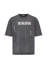 Yıkamalı Oversize Baskılı Tişört Füme