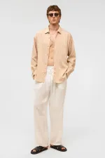 Oversize Çizgili Uzun Kol Gömlek Bej