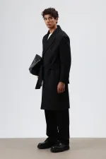 Oversize Kruvaze Kaşe Kaban Siyah