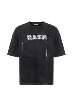 Yıkamalı Oversize Baskılı Tişört Siyah