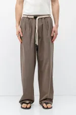 Kemer Detaylı Oversize Keten Pantolon Vizon