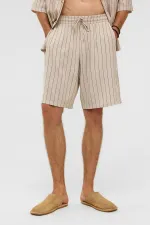 Oversize Çizgili Keten Şort Siyah