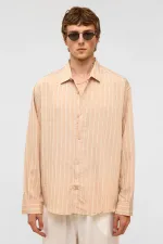 Oversize Çizgili Uzun Kol Gömlek Bej