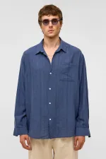 Oversize Çizgili Uzun Kollu Keten Gömlek Lacivert