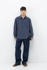 Modal Kumaş Çizgili Oversize Gömlek Lacivert