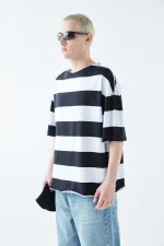 Digitally Printed Striped 100% Cotton Oversize T-Shirt Black