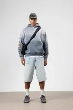 Oversize Baskılı Kapüşonlu Sweatshirt Gri