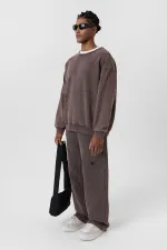 Premıum Yıkamalı Yırtık Detaylı Oversize Eşofman Takım Kahve