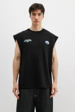 Oversize Baskılı Kolsuz Tişört Siyah