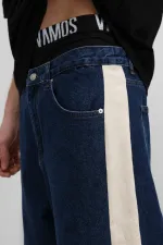 Yan Şeritli Baggy Fit Jean Mavi