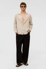 Oversize Uzun Kollu Çizgili Keten Gömlek Siyah