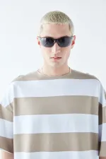 Dijital Baskılı Şeritli %100 Pamuk Oversize Tişört Vizon