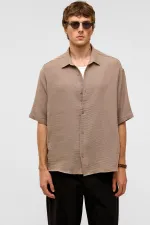 Oversize Kısa Kollu Müslin Kumaş Gömlek Bej