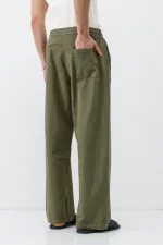 Pantalon ample en lin kaki avec taille élastique