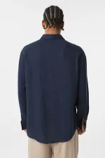Basic Oversize Uzun Kollu Keten Gömlek Lacivert