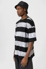 Yıkamalı Şeritli Oversize Tişört Siyah - Beyaz