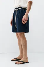 Kemerli Oversize Keten Şort Lacivert