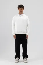 Oversize Zip-Up Stand-Up Collar Sweatshirt, Ecru