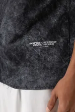 Yıkamalı Yazı Baskılı Oversize Kısa Kol Gömlek Siyah