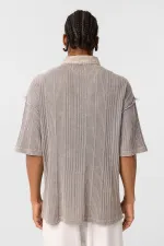 Yıkamalı Oversize Polo Yaka Tişört Taş