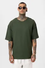 Arka Yazı Baskılı Oversize Triko Tişört Haki