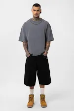 Yıkamalı Zincir Detaylı Oversize Tişört Füme