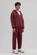 Basic Fermuarlı Oversize Kapüşonlu Sweatshirt Bordo