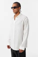 Chemise basique oversize à manches longues en lin, écru