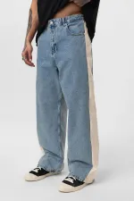 Baggy Fit Jeans with Side Stripes, Light Blue Melange