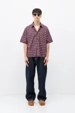 Checked Short-Sleeved Oversize Shirt, Burgundy