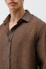 Dokulu Oversize Gömlek Açık Kahve