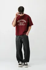 Kısa Kollu Boxy Fit Baskılı Tişört Bordo