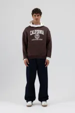 Çift Renk Baskılı Oversize Sweatshirt Kahve