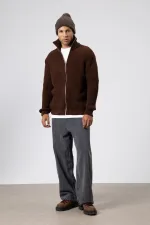 Oversize Fermuarlı Triko Hırka Kahve