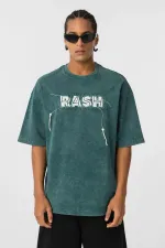 Yıkamalı Oversize Baskılı Tişört Petrol