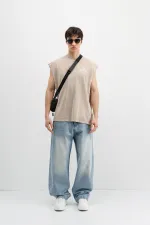 Printed Sleeveless Oversize T-Shirt Beige