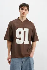 Baskılı Fitilli Oversize Tişört Kahve