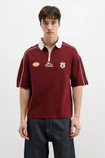 Fermuarlı Yaka Baskılı Oversize Tişört Bordo