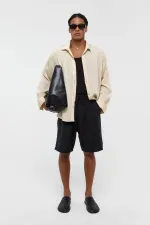 Oversize Çizgili Uzun Kollu Gömlek Bej