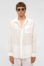 Oversize Çizgili Uzun Kollu Keten Gömlek Ekru