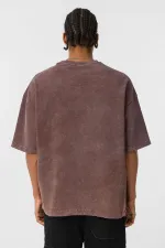 Yıkamalı Oversize Baskılı Tişört Kahve