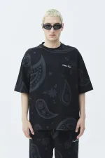 Oversize Desenli Şort Tişört Takım Siyah