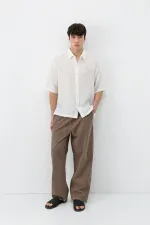 Bel Lastikli Baggy Fit Keten Pantolon Açık Kahve