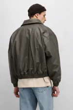 Blouson aviateur oversize en cuir kaki