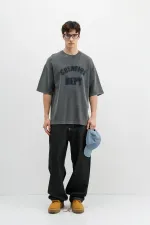 Yıkamalı Yazı Baskılı Oversize Tişört Siyah